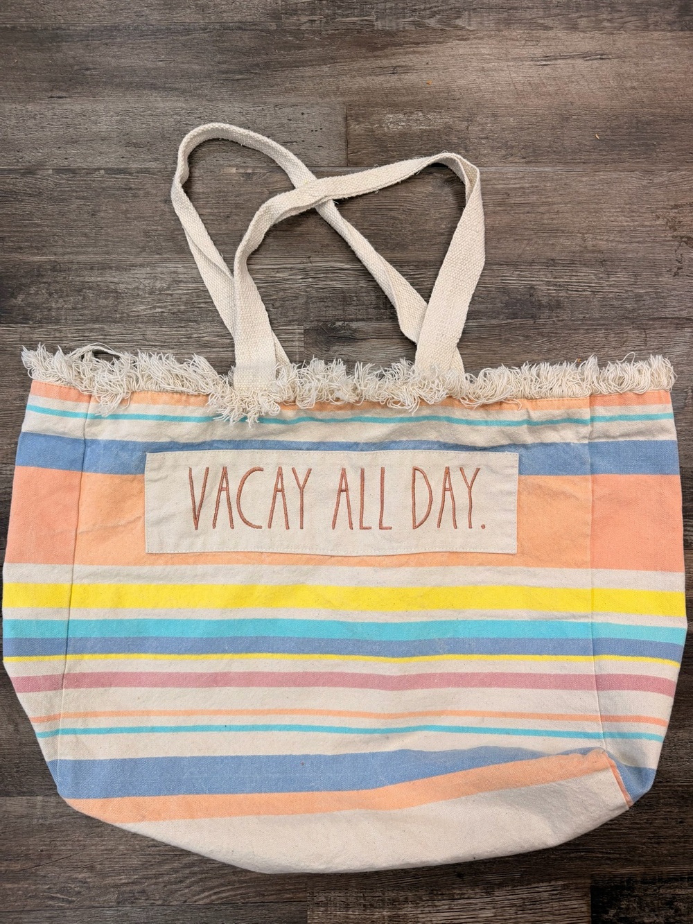 Rae Dunn Vacay All Day Large Fringe Pastel Stripe Canvas Tote Bag